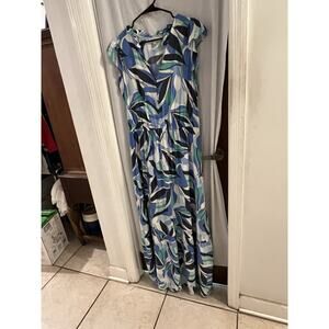 Loft Blue Green Tropical Print Maxi Dress Sz L